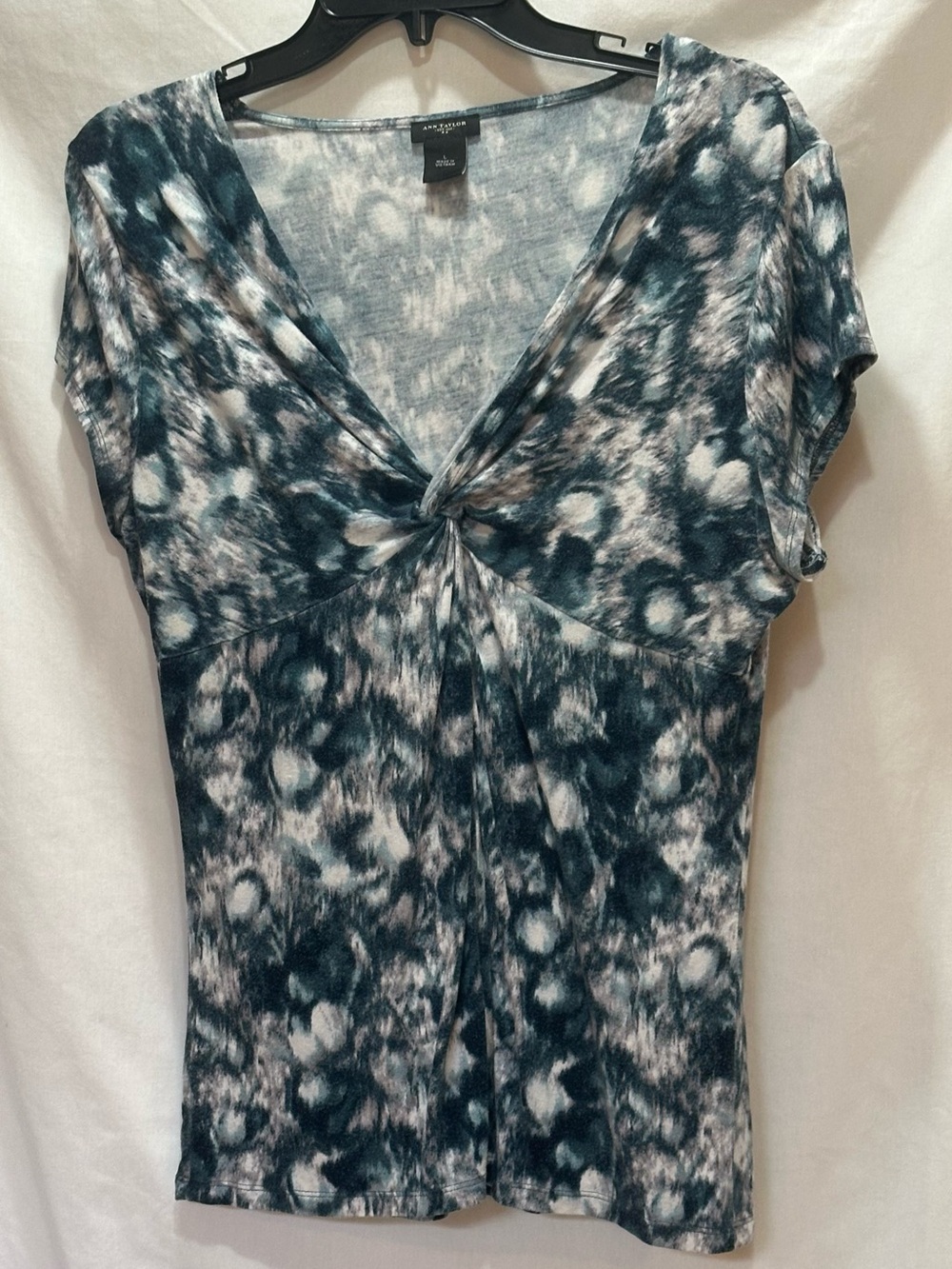 Ann Taylor Teal and White Twist-Front Short Sleeve Top